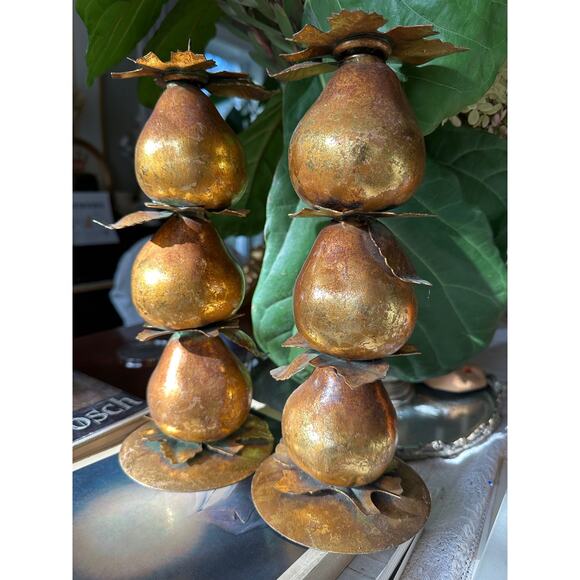 Vintage Gold Leaf Gilded Pear Candle Holders centerpiece set 2 fall decor 11x4” - Picture 8 of 11